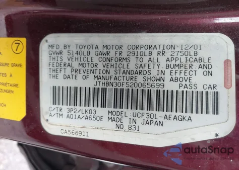 2002 Lexus Ls 430 z USA, uszkodzony, nr VIN JTHBN30F520065699